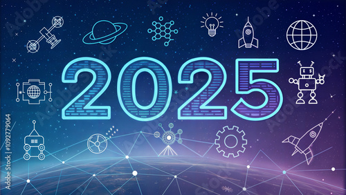 Futuristic 2025 text with space and technology icons