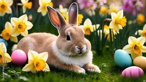 Adorable Bunny with Easter Eggs and Daffodils in Spring

 photo