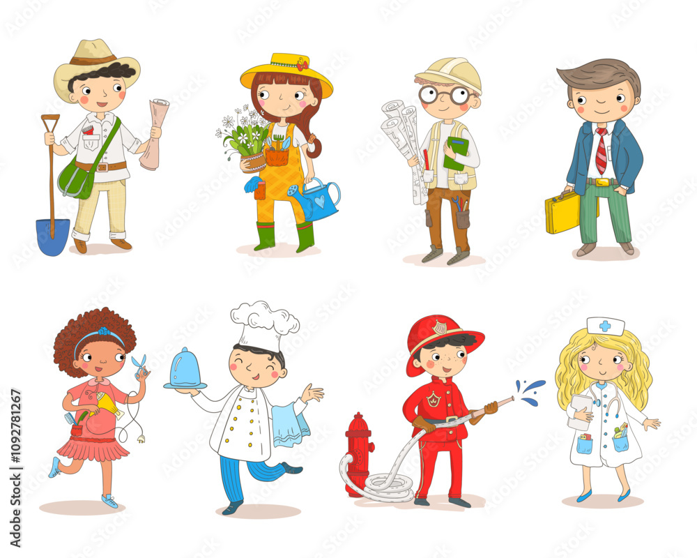 Naklejka premium set of children dressed as various professionals, including a farmer, gardener, architect, businessman, fashion designer, chef, firefighter, and nurse.