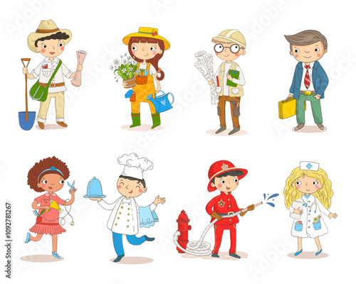 set of children dressed as various professionals, including a farmer, gardener, architect, businessman, fashion designer, chef, firefighter, and nurse.