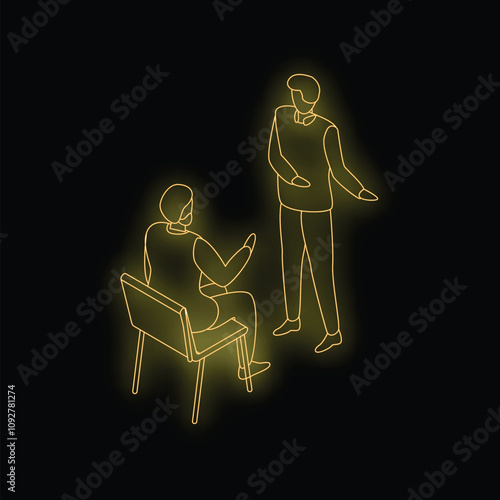 Neon illustration of two businessmen discussing a project, one sitting on a chair and gesturing while talking, the other standing and listening