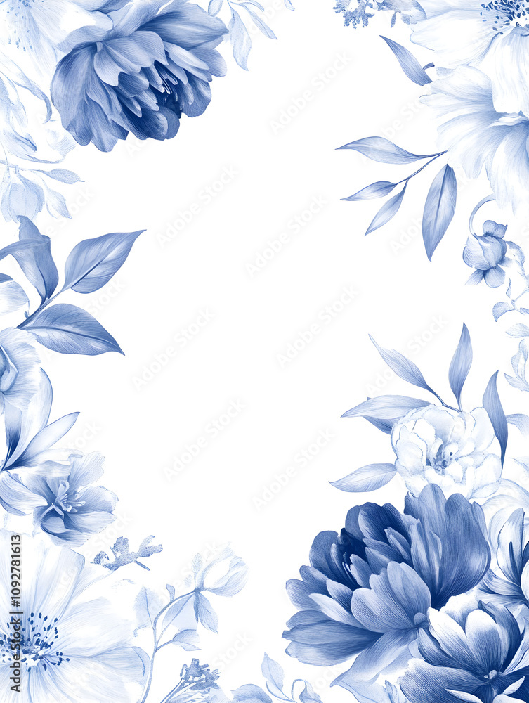 Fototapeta premium Elegant wedding invitation background with a subtle border. Incorporate light navy and royal blue tones in a delicate and refined manner. The design should be classy and understated.