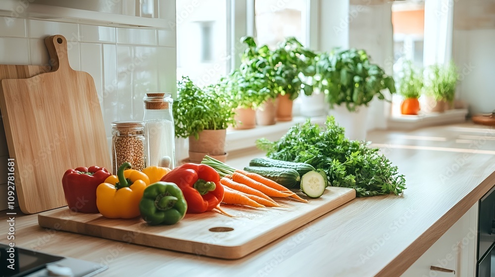 Fresh vegetables on cutting board in bright kitchen setting Fresh vegetables on cutting board in bright kitchen setting