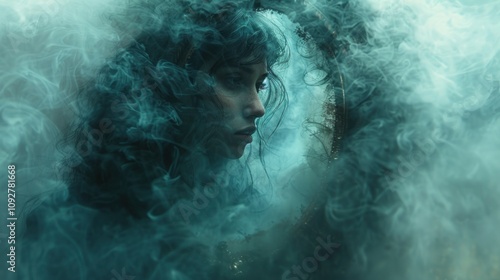 Person Staring into a Mirror, Their Reflection Showing a Distressed Face with Dark, Swirling Thoughts Around Their Head