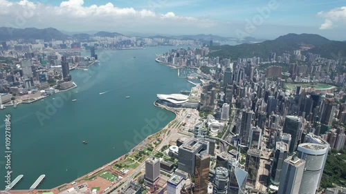 Aerial drone skyview of Hong Kong West Kowloon Victoria Harbour Financial Tsim Sha Tsui Hung Hom Central Admiralty Wan Chai Happy Valley Tai Hang Causeway Bay Tai Hang
 photo