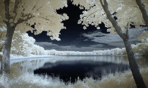 Serene infrared landscape with a calm lake and overhanging trees.