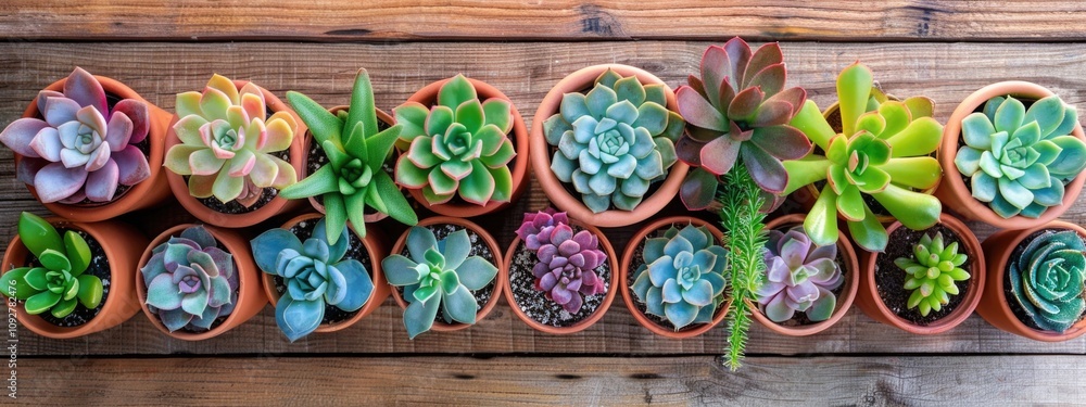 Collection of colorful succulents arranged in terracotta pots on a wooden surface highlights nature's beauty in plant decor Collection of colorful succulents arranged in terracotta pots on a wooden surface highlights nature's beauty in plant decor