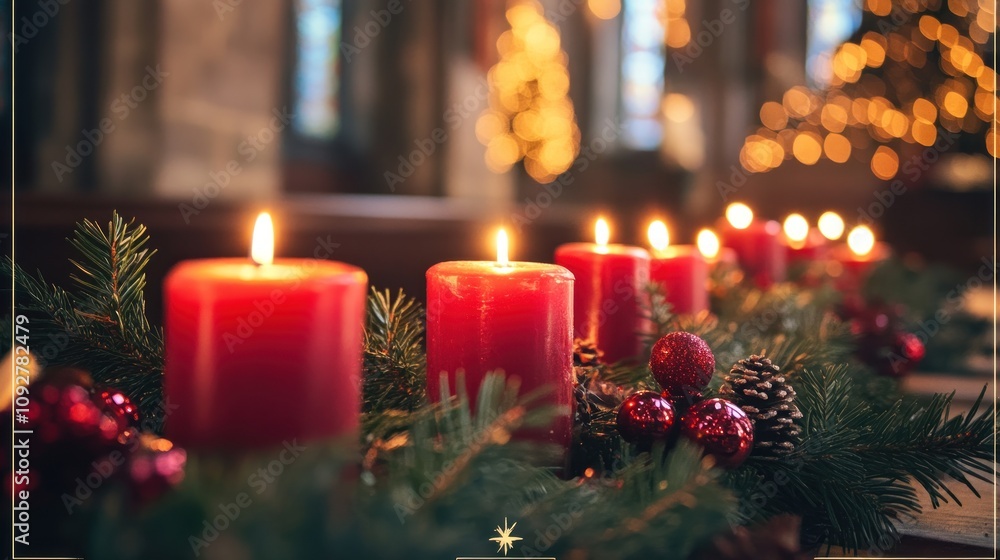 Red candles in a row on a Christmas wreath with pine branches, red ornaments and pine cones. Red candles in a row on a Christmas wreath with pine branches, red ornaments and pine cones.