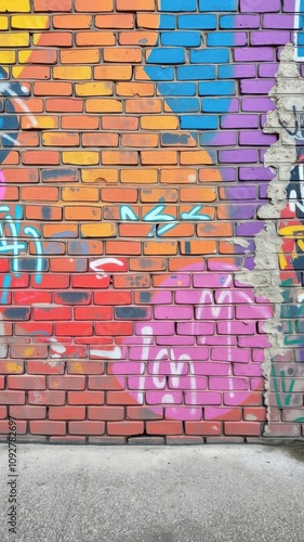 Colorful urban artwork covering weathered brick wall, edgy, grunge