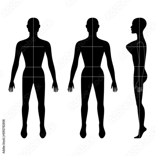 Fashion woman full length template bald figure silhouette with marked body's sizes lines (front, side, back view), vector illustration isolated on white background