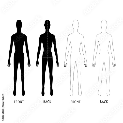 Fashion man, woman full length template bald figure silhouette with marked body's sizes lines (front, back view), vector illustration isolated on white background