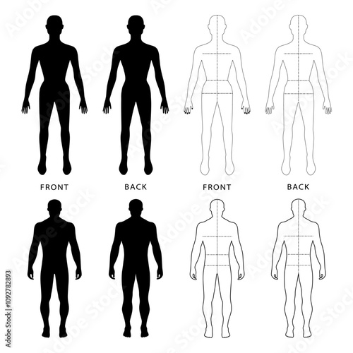 Naked standing fashion man, woman figure bald silhouette