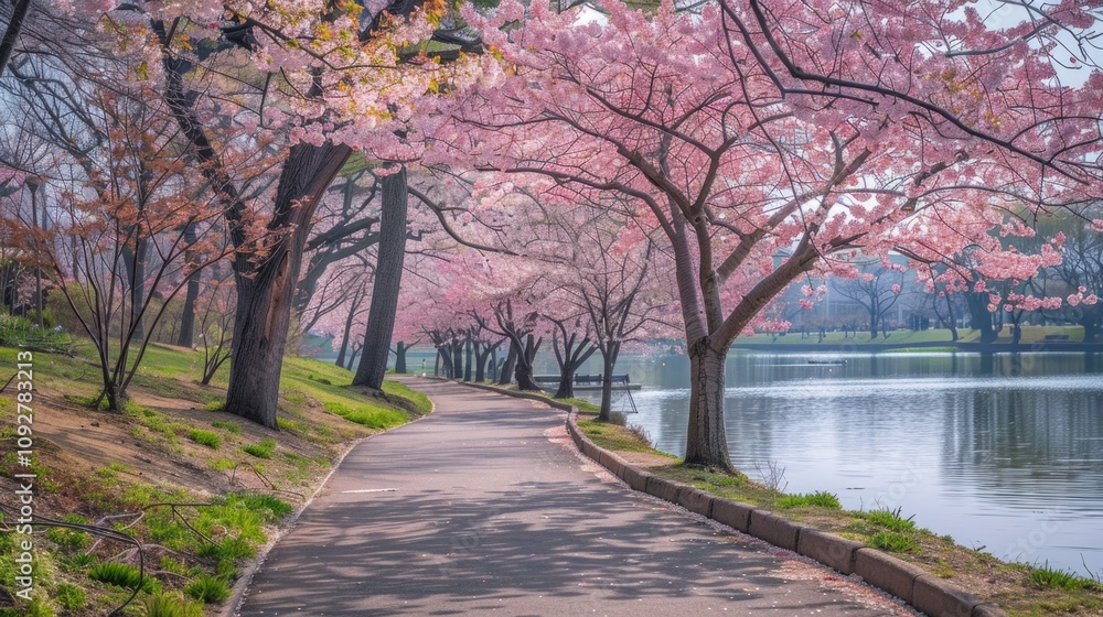 Cherry blossom trees line a peaceful walkway beside a calm lake during springtime in a serene park setting Cherry blossom trees line a peaceful walkway beside a calm lake during springtime in a serene park setting