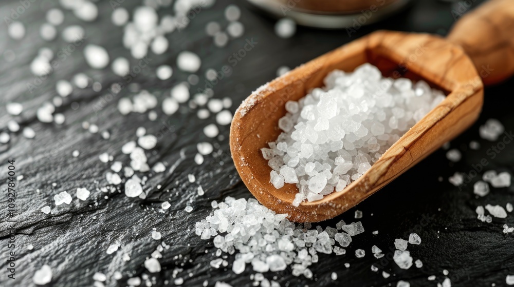 Unrefined sea salt in a wooden scoop on a dark stone surface with scattered crystals Unrefined sea salt in a wooden scoop on a dark stone surface with scattered crystals