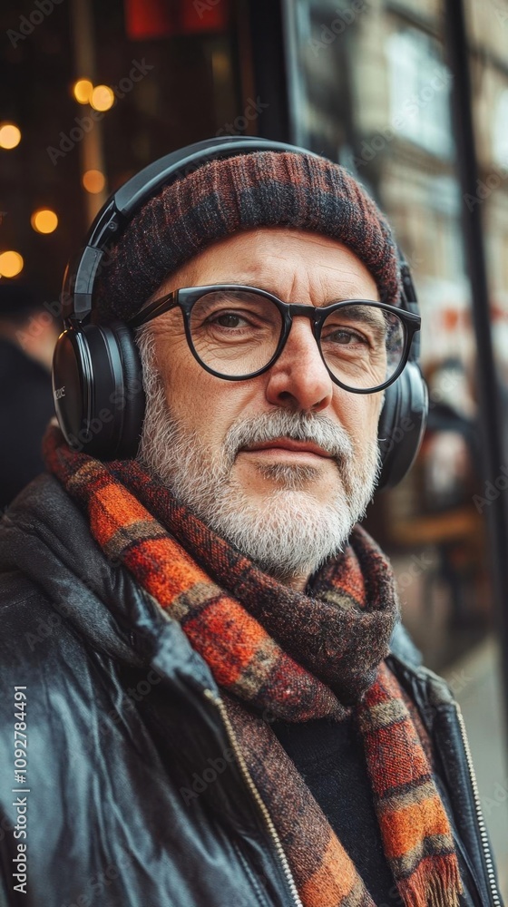 A man with headphones and a stylish scarf, enjoying a moment outdoors. A man with headphones and a stylish scarf, enjoying a moment outdoors.