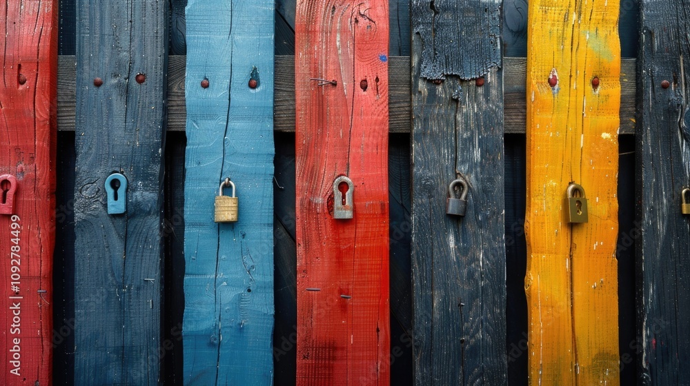 Colorful wooden fence featuring various locks in different shades against a textured background Colorful wooden fence featuring various locks in different shades against a textured background