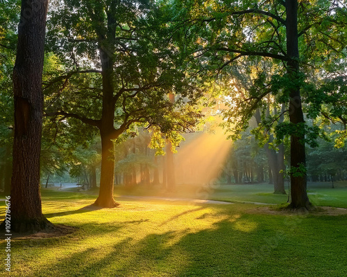 Soft light illuminates a peaceful forest as sunbeams shine through the tall trees, enhancing the tranquil setting, ai. 