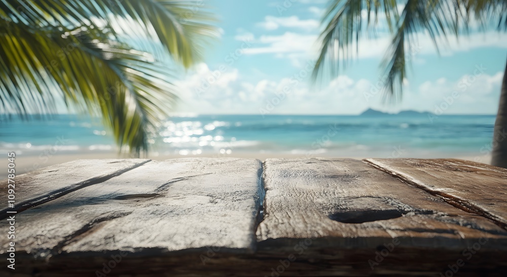 A wooden table overlooking the beach and ocean. captured from an extreme close up perspective. Blue water and palm trees visible through the horizon line. A wooden table overlooking the beach and ocean. captured from an extreme close up perspective. Blue water and palm trees visible through the horizon line.