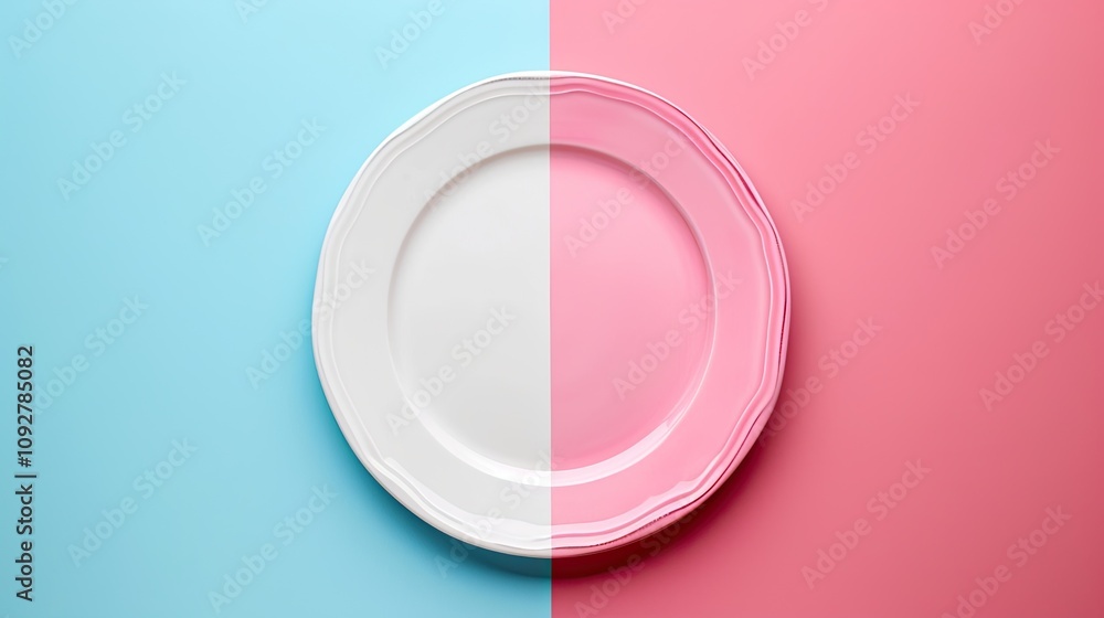 Creative division of a plate against a pastel blue and pink background showcasing contrasting colors and design elements in a minimalistic setup Creative division of a plate against a pastel blue and pink background showcasing contrasting colors and design elements in a minimalistic setup