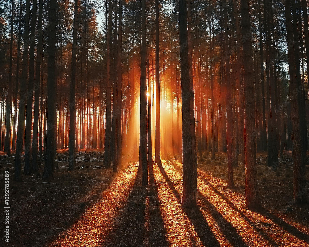 Fototapeta premium Sunbeams filter through tall trees in a serene forest, creating a tranquil atmosphere bathed in soft light, ai.
