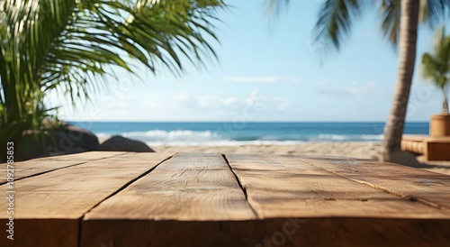 A wooden table overlooking the beach and ocean. captured from an extreme close up perspective. Blue water and palm trees visible through the horizon line.