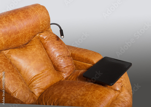 Detail of Modern Leather Armchair with Stand and Lamp