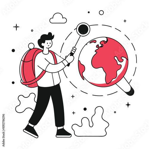 A young explorer interacts with a globe symbolizing global discovery