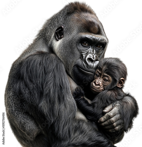 Mother gorilla holding baby in arm, isolated on a transparent background