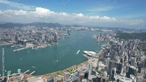 Aerial drone skyview of Hong Kong West Kowloon Victoria Harbour Financial Tsim Sha Tsui Hung Hom Central Admiralty Wan Chai Happy Valley Tai Hang Causeway Bay Tai Hang
 photo