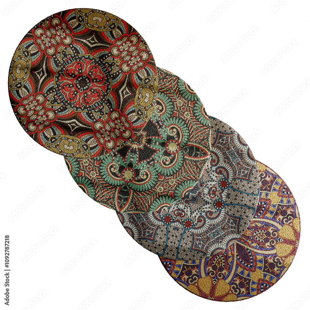 Fototapeta premium Four different colored round plates with intricate designs
