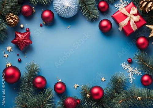blue christmas background with branches and decorations