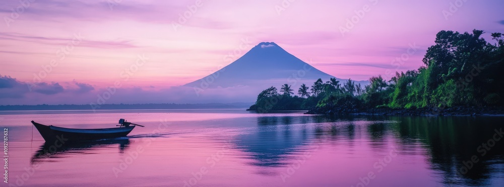 Serene sunrise over a volcanic lake, a lone boat gently floats on tranquil water, reflecting the vibrant pink and purple hues of the dawn sky. Serene sunrise over a volcanic lake, a lone boat gently floats on tranquil water, reflecting the vibrant pink and purple hues of the dawn sky.