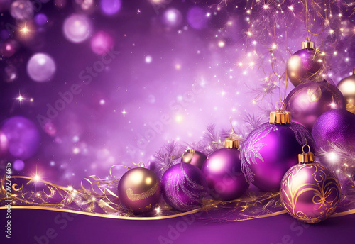 purple christmas background with balls and ribbon