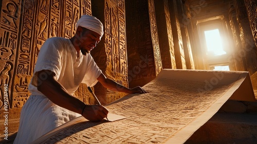 Ancient scribe writing on papyrus scroll in a historical temple setting.