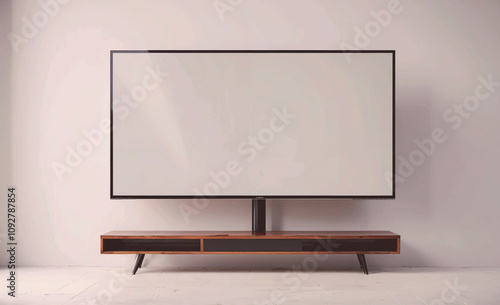 Large flat screen television is mounted on a wooden stand. The television is turned off. The stand is made of wood and has a black base photo