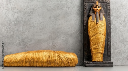Ancient Egyptian sarcophagus with a golden mummy on a textured grey background.