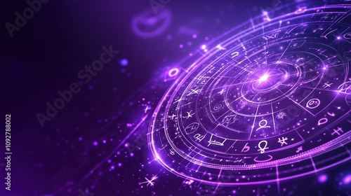 Astrology and Celestial Influence: A Cosmic Illustration in Purple and Starlight, Featuring Zodiac Symbols and Texture Overlays for Intuitive Understanding.