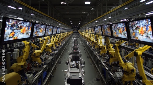 A Futuristic Manufacturing Facility Showcasing Advanced Robotics and Automation Technology with Industrial Robots Working in Harmony Alongside Display Screens photo