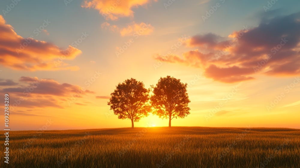 A serene sunset landscape featuring two trees silhouetted against a colorful sky, Perfect for nature themes, relaxation content, or inspirational quotes about tranquility and connection with nature, A serene sunset landscape featuring two trees silhouetted against a colorful sky, Perfect for nature themes, relaxation content, or inspirational quotes about tranquility and connection with nature,