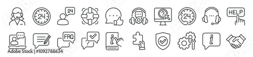 Set of line icons related support, contact us, service, information. Editable stroke. 500x500px Perfect pixel on transparent background