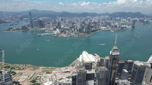 Aerial drone skyview of Hong Kong West Kowloon Victoria Harbour Financial Tsim Sha Tsui Hung Hom Central Admiralty Wan Chai Happy Valley Tai Hang Causeway Bay Tai Hang
 photo