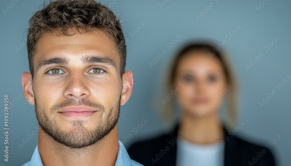 Young man with curly hair and a beard stands in front of a blurred woman, exuding confidence Young man with curly hair and a beard stands in front of a blurred woman, exuding confidence