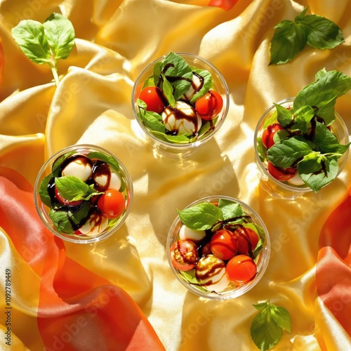 Mini Caprese Salad Cups With Tomato And Basil, Vegan Starter Appetizer, Plant-based Food Menu Photography photo