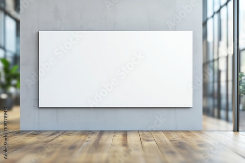 A minimalistic scene of a blank white canvas or board on a textured wall in a modern office or studio setting, with wooden floors and glass-paneled walls