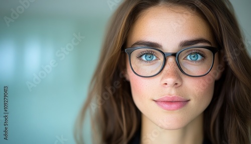 Woman with long brown hair and glasses displays a warm smile in a well-lit area