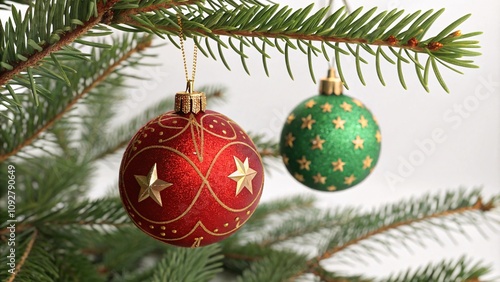 Festive Christmas Ornaments and Pine Branches with Red, Green, and Gold Decorations V4