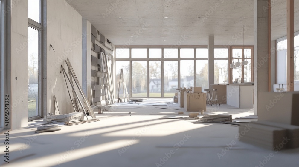 Fototapeta premium A room with a lot of boxes and construction materials