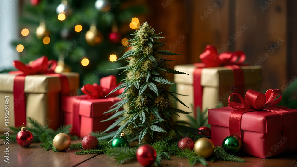 Indoor Cannabis Plant in a Festive Holiday Setting Indoor Cannabis Plant in a Festive Holiday Setting