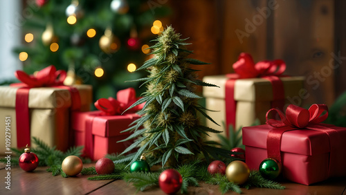 Indoor Cannabis Plant in a Festive Holiday Setting