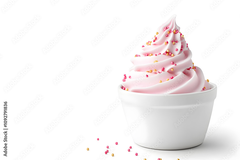Pink Ice cream sundae in a bowl, isolated on white background